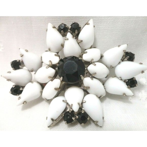 Vintage Milk Glass and Black Rhinestone Floral Design Brooch - Picture 3 of 4